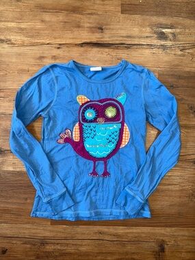 Mini Boden Bright Blue Long-Sleeve Top with Colorful Owl Patch